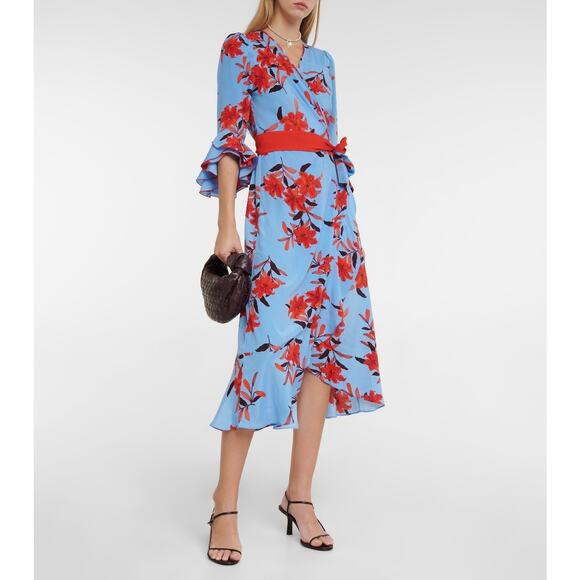 NWOT Diane Von Furstenberg Rollins Floral Wrap Ruffle Sleeve Midi Dress Size 2 - Picture 1 of 5